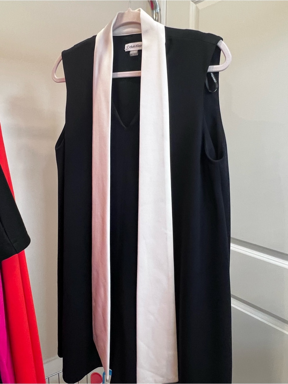 Calvin Klein Black Dress with White Scarf Accent